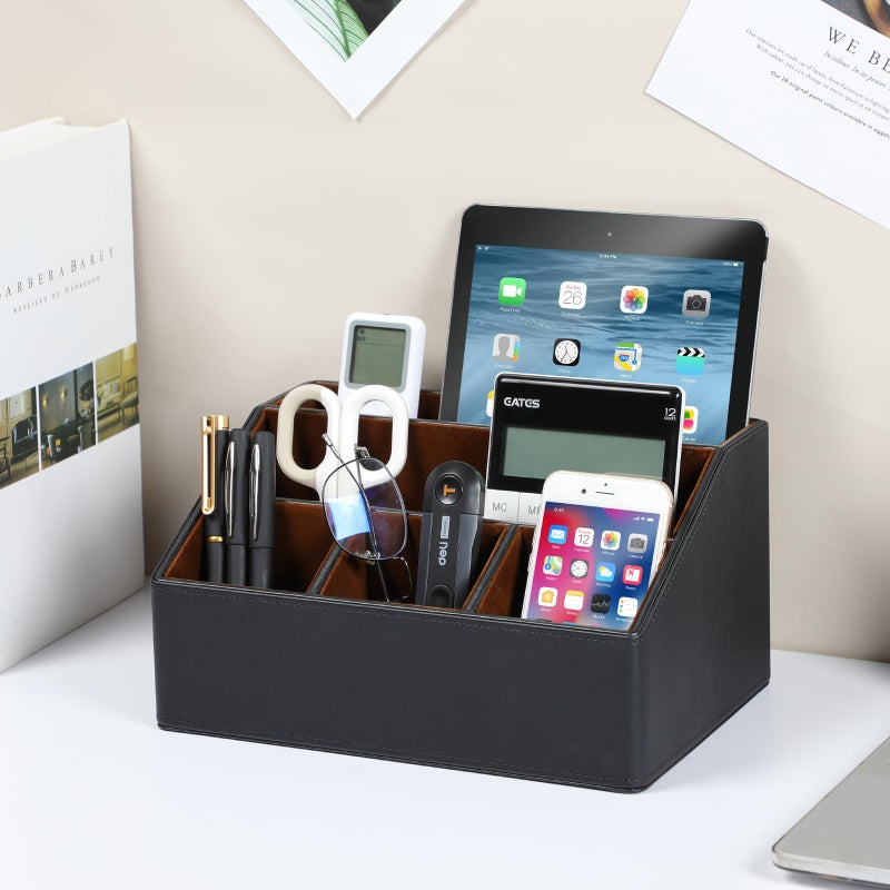Cretkhp Pu Leather Desk Organizer  Multifunctional Storage Box with 5 Compartments  Office Accessories Pen Pencil Business Name Cards Remote Control Holder (Black) - Image 2